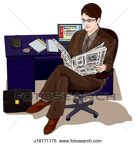 Stock Illustration - Business man sitting and reading news paper, Illustration. Fotosearch
