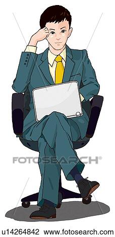 Drawing - Business man sitting and using laptop computer, Illustration. Fotosearch