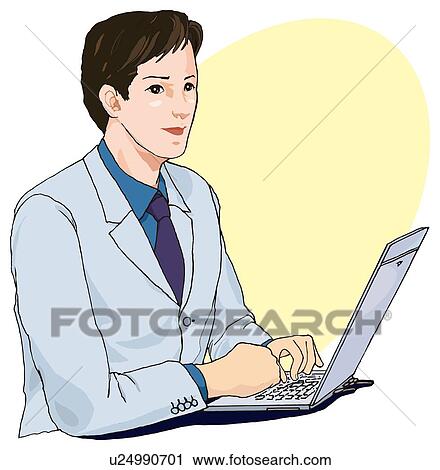 Clip Art - Business man smiling and using laptop computer, Illustration. Fotosearch