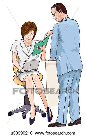 Clipart - Business man teaching business woman, Illustration. Fotosearch