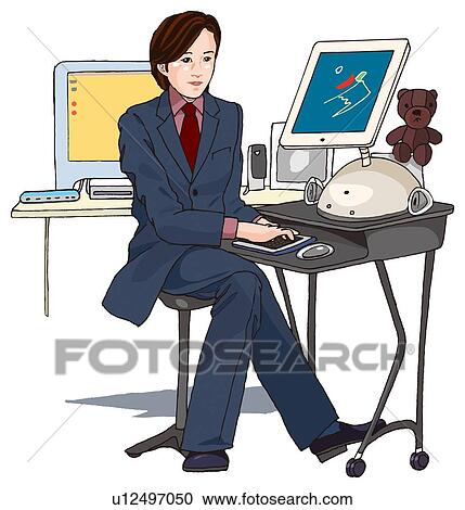 Clipart - Business man working at his desk, Illustration. Fotosearch