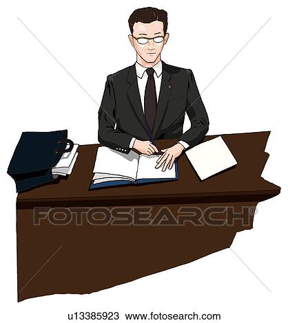 Drawing - Business man working at his desk, Illustration. Fotosearch