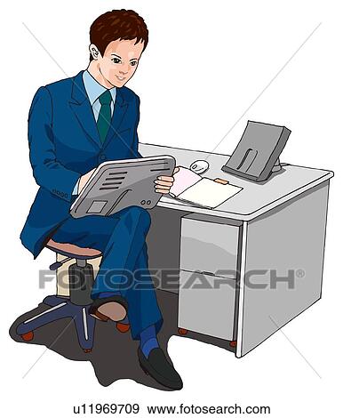 Stock Illustration - Business man working at his desk, Illustration. Fotosearch