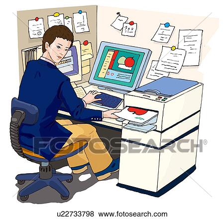 Stock Illustration - Business man working at his desk, Illustration. Fotosearch