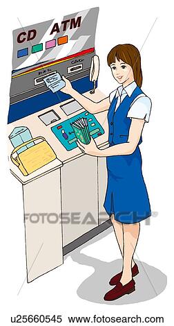 Stock Illustration - Business woman at cash dispenser, Illustration. Fotosearch