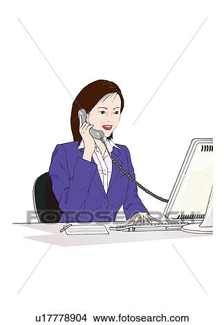 Stock Illustration - Business woman on the phone and working on computer, Illustration. Fotosearch