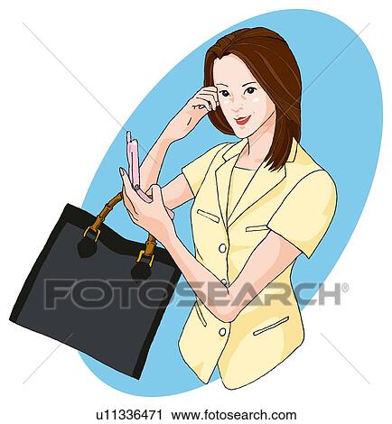 Clip Art - Business woman smiling and mobile phone in hand, Illustration. Fotosearch