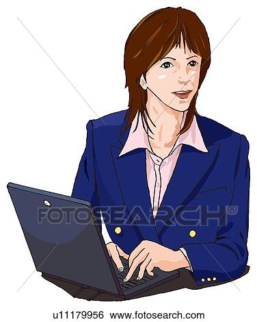 Stock Illustration - Business woman smiling and using laptop computer, Illustration. Fotosearch