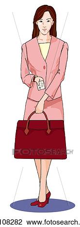 Drawing - Business woman standing with business card, Illustration. Fotosearch