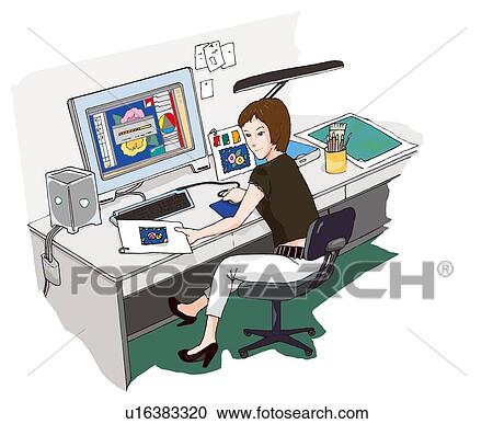 Clipart - Business woman working at her desk, Illustration. Fotosearch