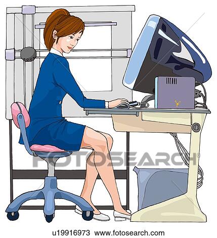 Drawing - Business woman working at her desk, Illustration. Fotosearch