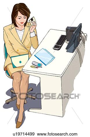 Stock Illustration - Business woman working at the desk, Illustration. Fotosearch