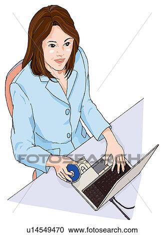 Clipart - Business woman working on laptop computer, Illustration. Fotosearch