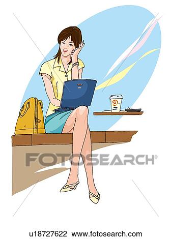 Drawing - Business woman working on laptop computer at cafe, Illustration. Fotosearch