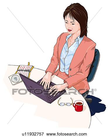 Stock Illustration - Business woman working on laptop computer, Illustration. Fotosearch