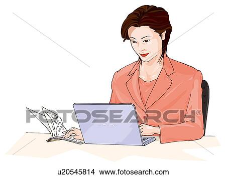 Business woman working on laptop computer, Illustration View Large Illustration Stock Illustration - Business woman working on laptop computer, Illustration. Fotosearch