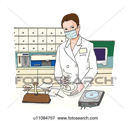 Stock Illustration - Female Pharmacist working at lab, Illustration. Fotosearch