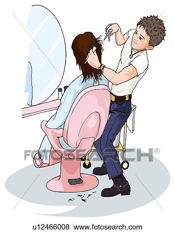 Stock Illustration - Hair dresser cutting customer's hair, Illustration. Fotosearch