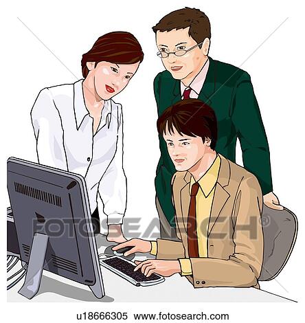 Two business men and one business woman working together, Illustration View Large Illustration Stock Illustration - Two business men and one business woman working together, Illustration. Fotosearch