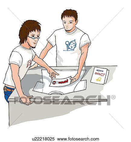 Two men making printed T shirt, Illustration View Large Illustration Stock Illustration - Two men making printed T shirt, Illustration. Fotosearch