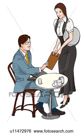 Waitress taking order from a customer, Illustration View Large Illustration Stock Illustration - Waitress taking order from a customer, Illustration. Fotosearch