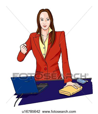 Willing business woman working at her desk, Illustration View Large Illustration Drawing - Willing business woman working at her desk, Illustration. Fotosearch