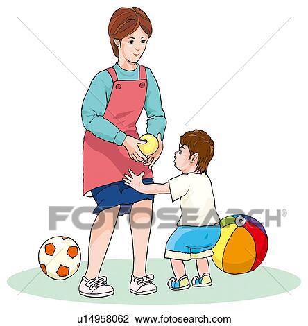 Drawing - Woman nursing a boy, Illustration. Fotosearch