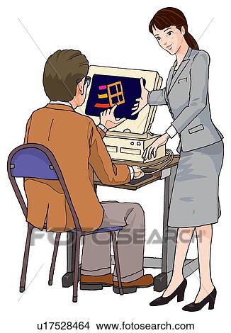 Stock Illustration - Woman teaching Senior Adult man how to use computer. Fotosearch