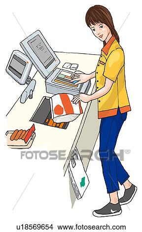 Woman working at a convenience store, Illustration View Large Illustration Stock Illustration - Woman working at a convenience store, Illustration. Fotosearch