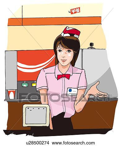 Stock Illustration - Woman working at a fast food restaurant, Illustration. Fotosearch