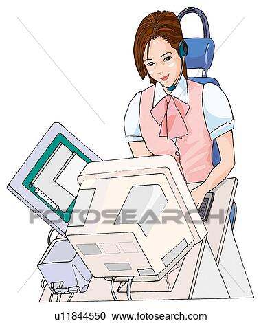 Clipart - Woman working at call center, Illustration. Fotosearch
