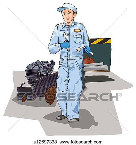 Stock Illustration - Worker at garage, Illustration. Fotosearch