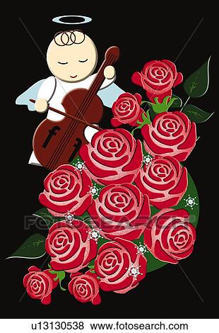 Stock Illustration - Painting of angel playing music and roses, Illustration. Fotosearch