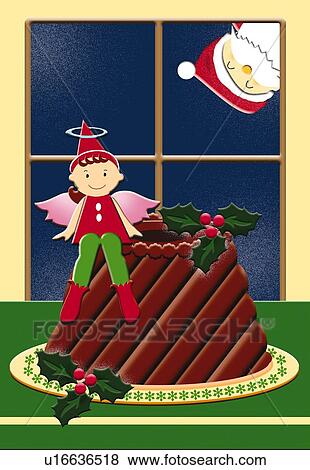 Stock Illustration - Painting of angel sitting on Christmas cake and Santa Claus looking in from outside, Illustration. Fotosearch