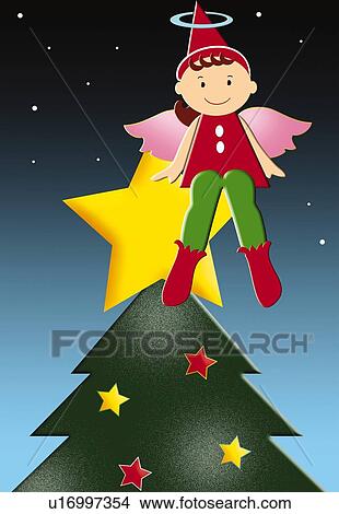 Stock Illustration - Painting of angel sitting on top of Christmas tree, Illustration. Fotosearch