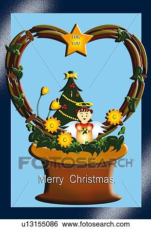Painting of angel with Christmas wreath and tree, Illustration View Large Illustration Stock Illustration - Painting of angel with Christmas wreath and tree, Illustration. Fotosearch