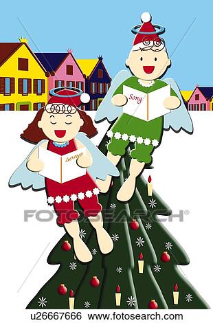 Stock Illustration - Painting of angels singing and Christmas tree, Illustration. Fotosearch