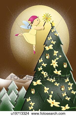 Stock Illustration - Painting of angle lighting Christmas tree, Illustration. Fotosearch