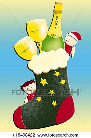 Drawing - Painting of champagne and glasses in Christmas sock, Illustration. Fotosearch