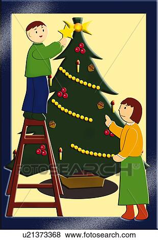 Stock Illustration - Painting of Children decorating Christmas tree, Illustration. Fotosearch