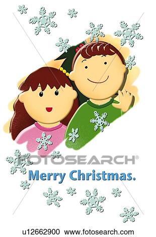 Clipart - Painting of Children waving hand and snow crystals, Illustration. Fotosearch