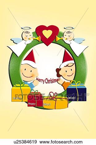 Stock Illustration - Painting of Children waving hand and Christmas Wreath, Illustration. Fotosearch