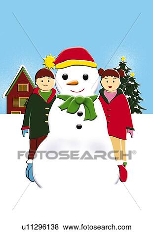 Stock Illustration - Painting of children with snowman, Illustration. Fotosearch