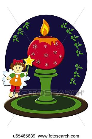 Stock Illustration - Painting of Christmas candle and angel, Illustration. Fotosearch