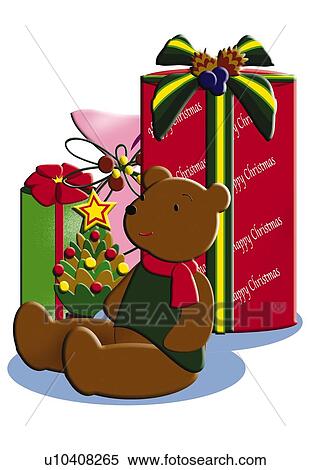 Stock Illustration - Painting of Christmas presents and teddy bear, Illustration. Fotosearch