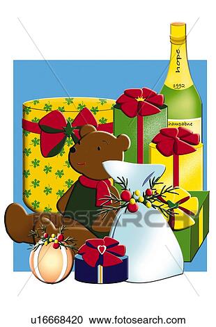 Clipart - Painting of Christmas presents, Illustration. Fotosearch