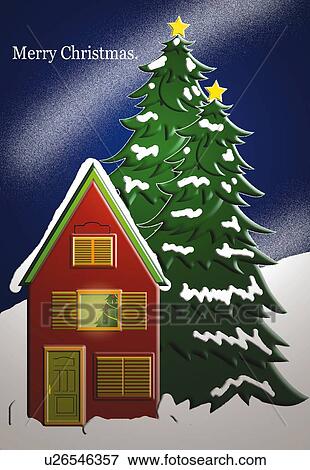 Painting of Christmas tree and house, Illustration View Large Illustration Stock Illustration - Painting of Christmas tree and house, Illustration. Fotosearch