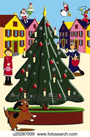 Stock Illustration - Painting of Christmas tree in the town, Illustration. Fotosearch