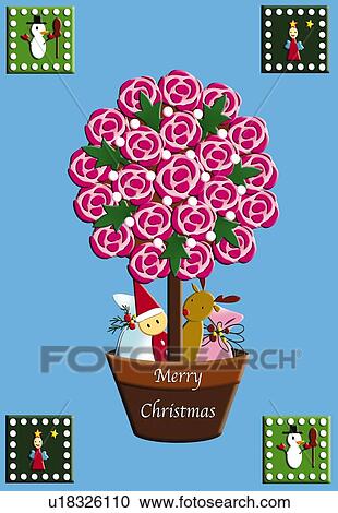 Clipart - Painting of Christmas tree of roses and Christmas ornaments, Illustration. Fotosearch