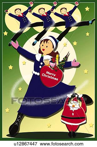 Stock Illustration - Painting of girl dancing with dancers, Illustration. Fotosearch